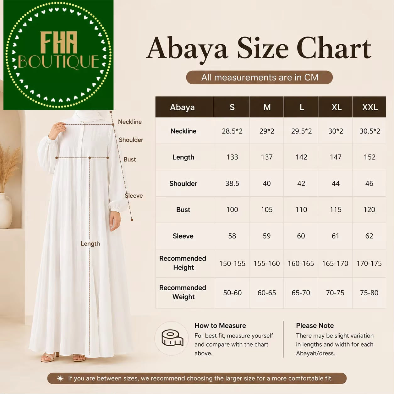 FHA Boutique Abaya Size Chart - all measurements in CM